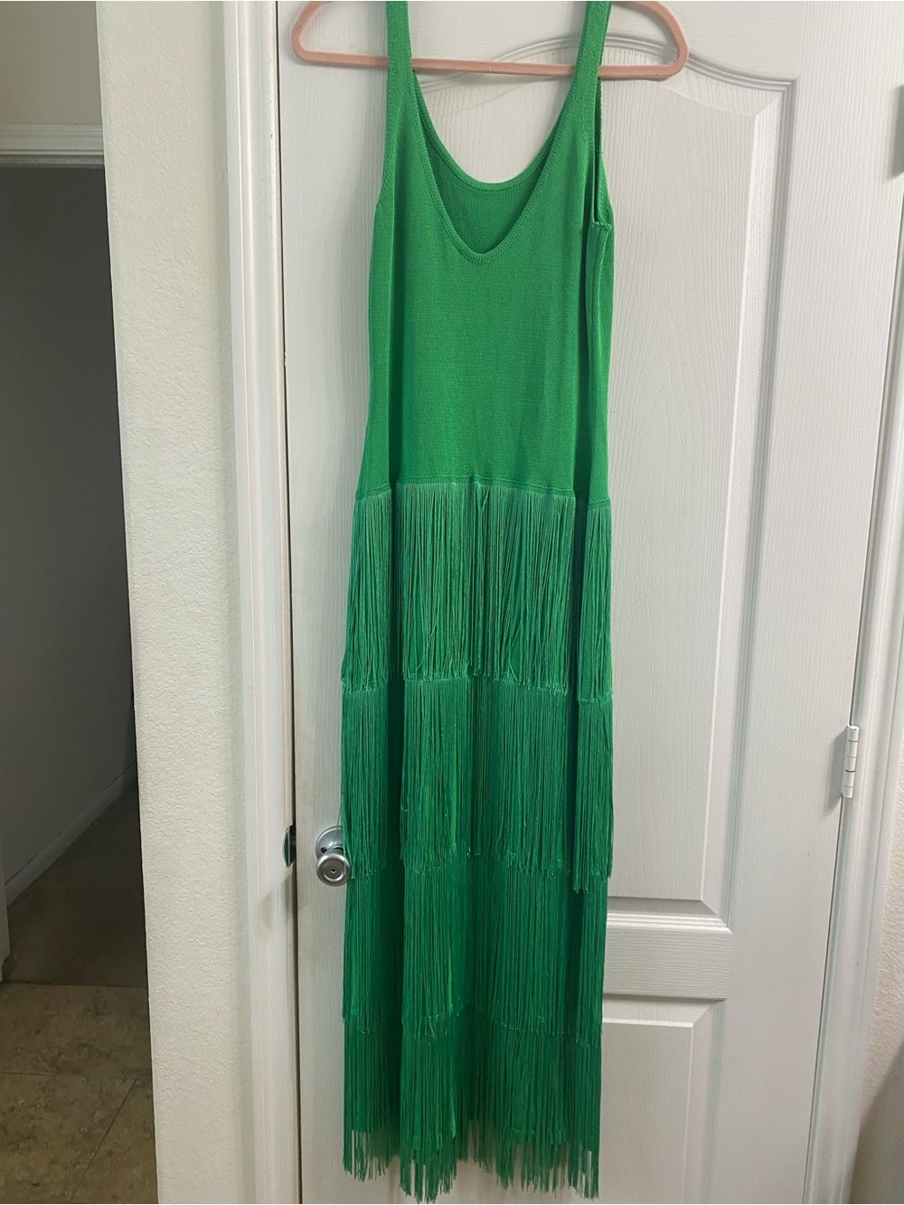Vici Sunset Spritz Great Gatsby Tiered Fringe Maxi Vibrant Green Knit Dress M - Picture 9 of 15